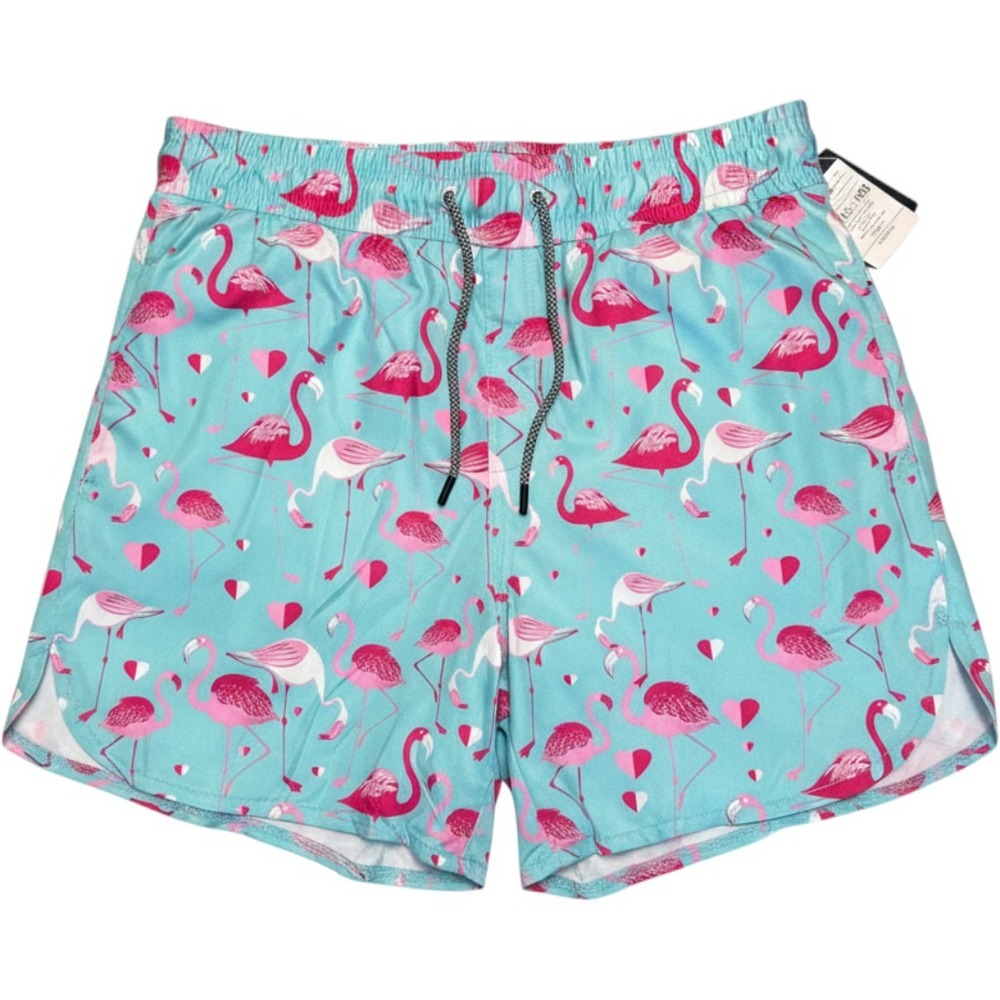 NWT FT Fenteng Flamingo Swim Trunks Men's Large Aqua Pink Quick Dry Beach